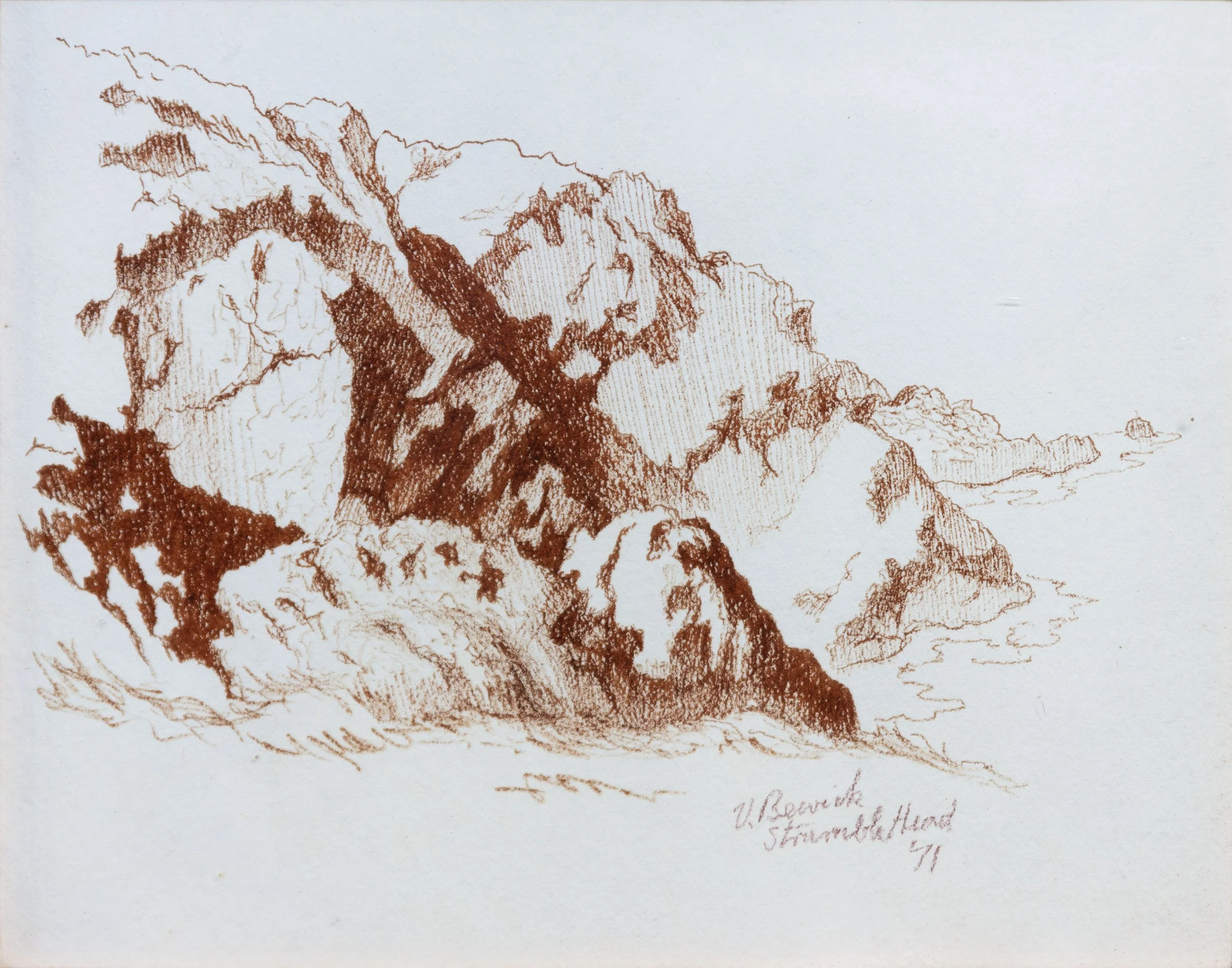 A detailed sketch of mountains and rocks, with some trees at the base, created with fine lines and shading in brown ink. There is handwriting at the bottom right corner.