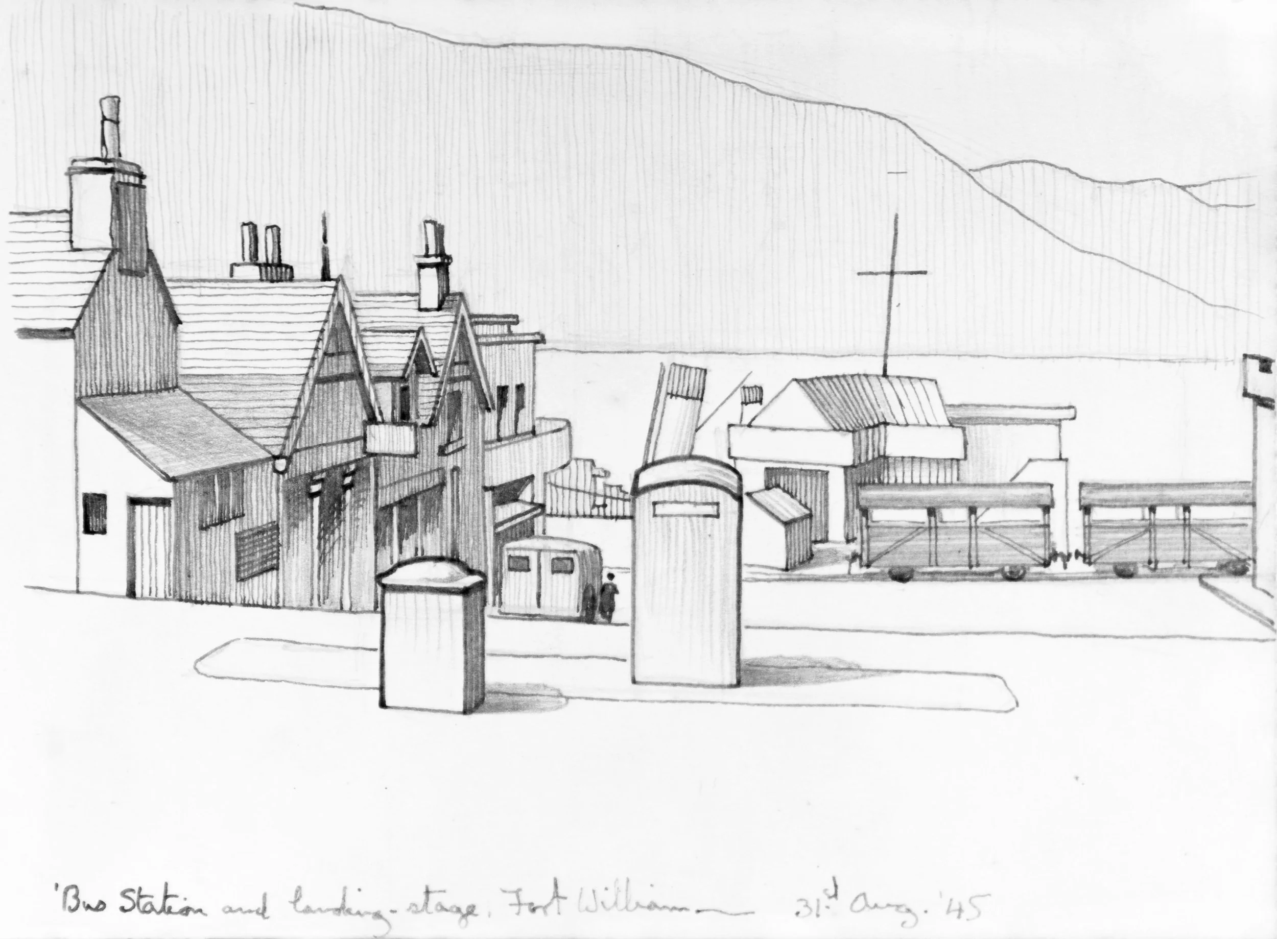 A hand-drawn sketch of a townscape with multiple buildings, chimneys, rooftops, and a background of hills or mountains.
