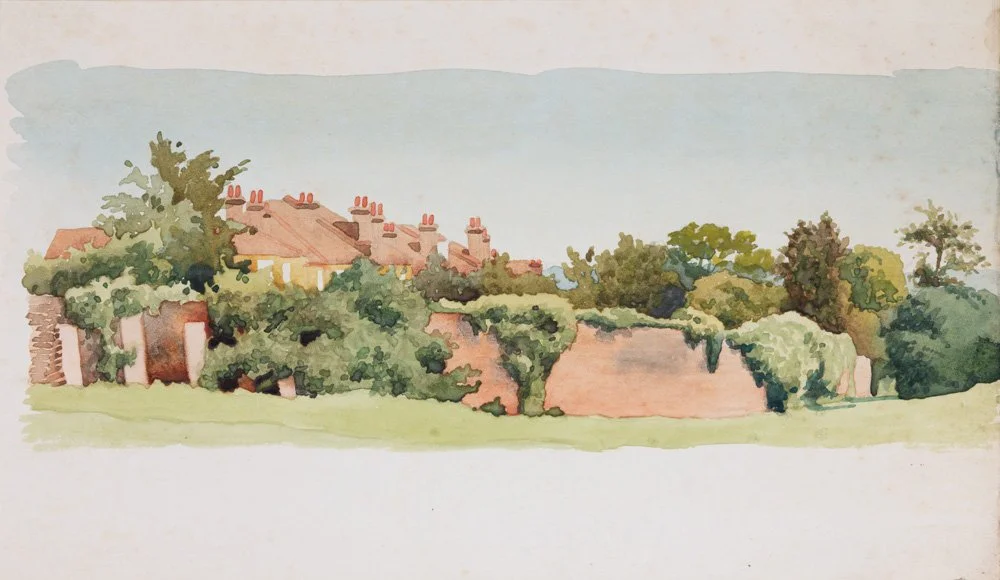 Watercolor painting of houses with chimneys and trees against a pale sky