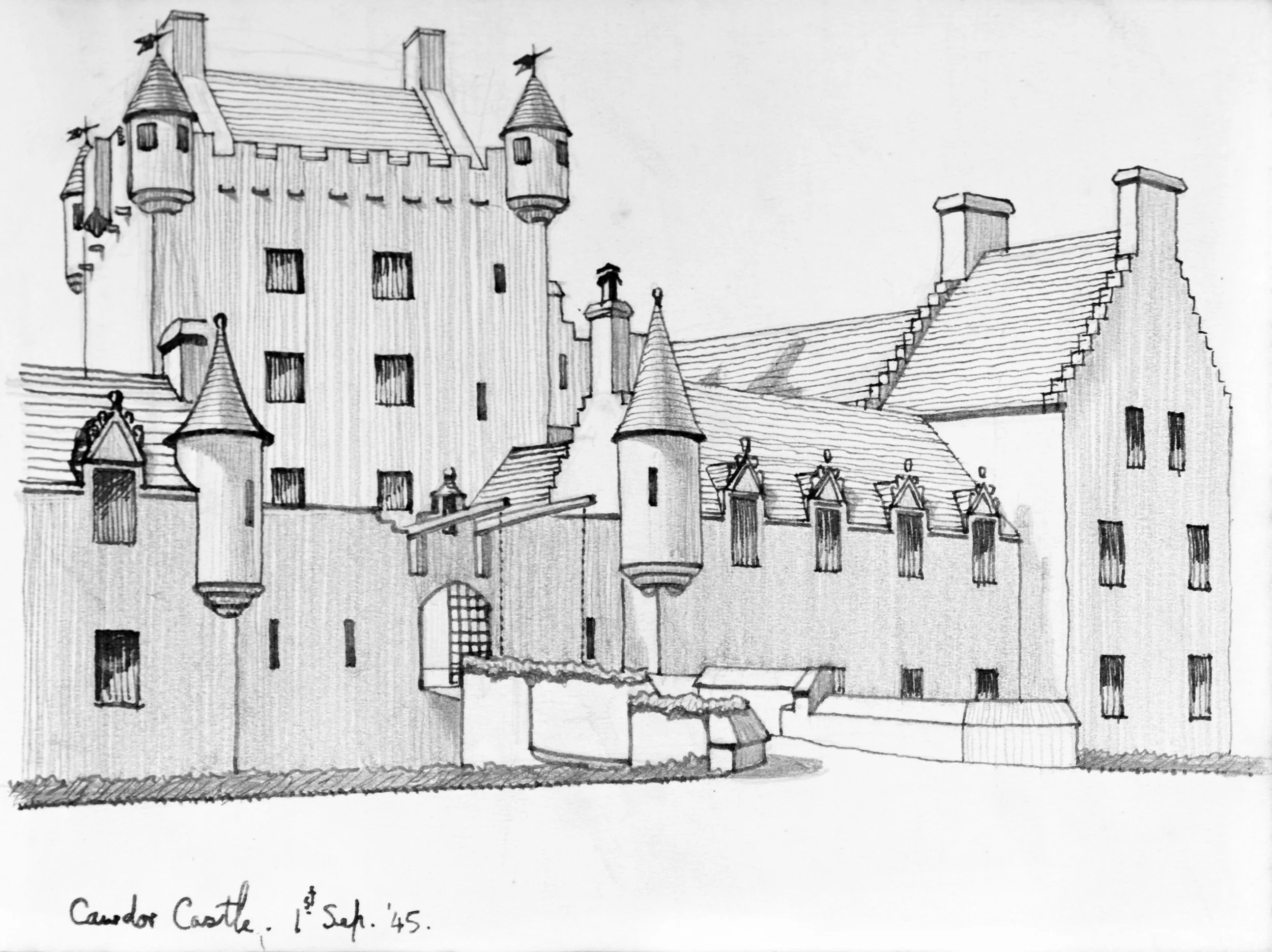 Black and white sketch of Candor Castle with towers and turrets, dated September 1945.