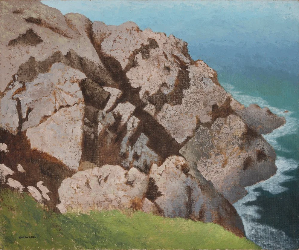 Painting of a rocky coastal cliff with waves crashing below, and a grassy foreground.