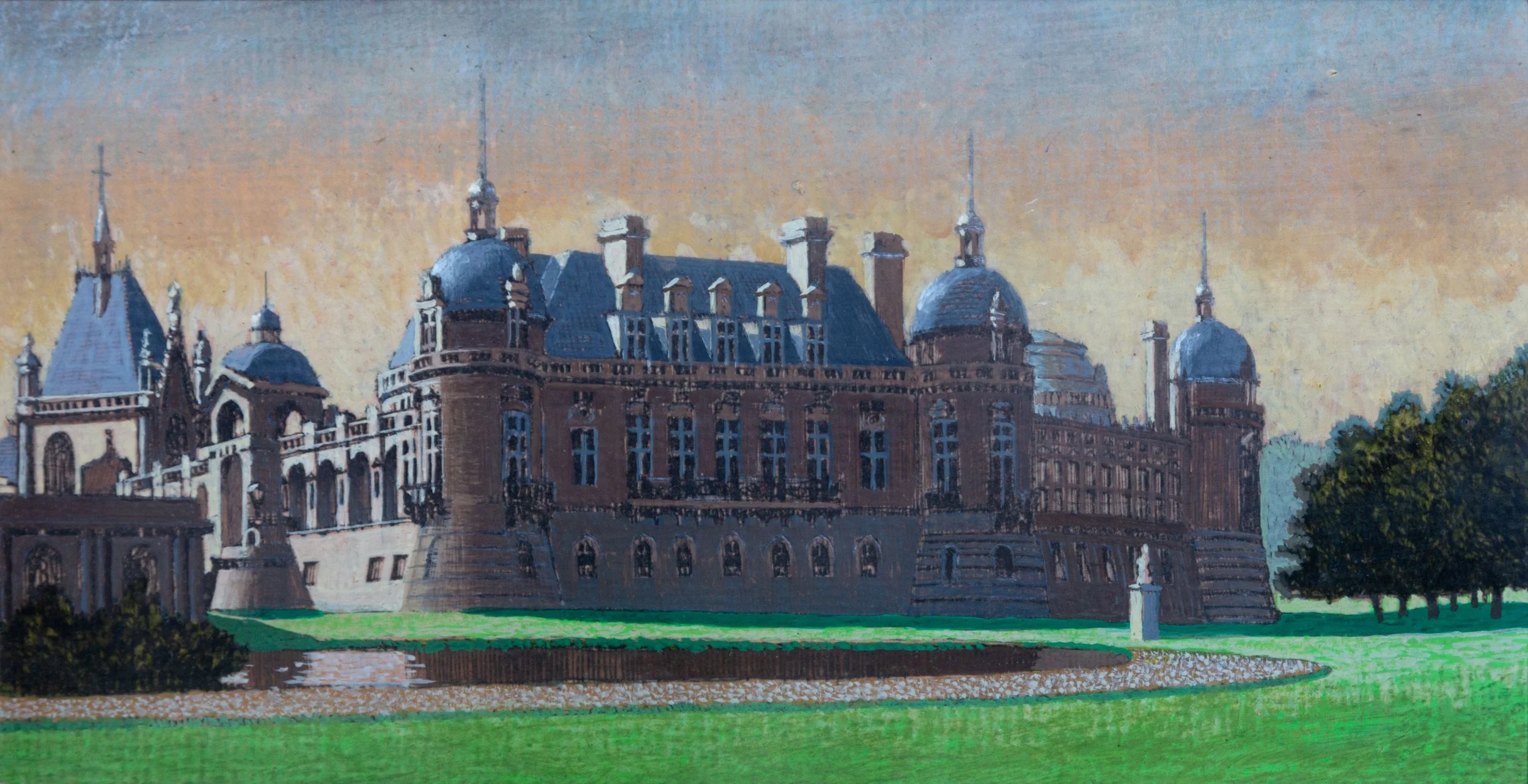 Painting of a historic castle or mansion with turrets, spires, and detailed architecture, set against a sunset sky with green lawn and trees in the foreground.