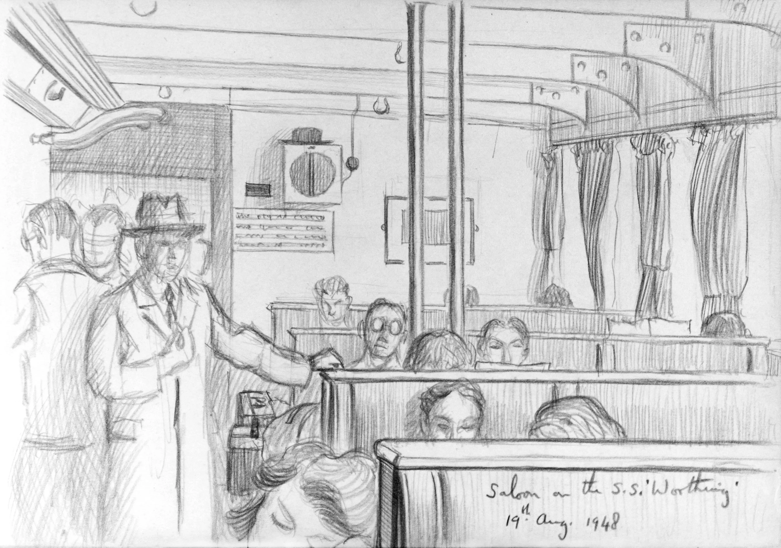 A pencil sketch of a busy indoor scene with people, some seated and some standing. In the background, there are windows with curtains and a wall with decorations. The scene appears to be a social or community event.