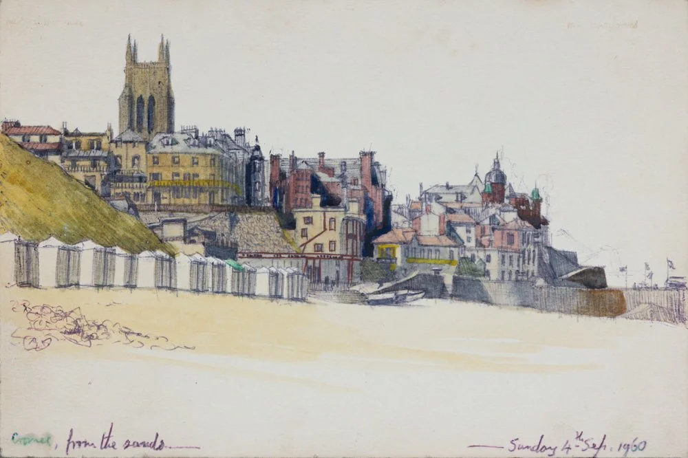 Watercolor painting of a hillside town with a beach and a church tower in the background, dated Sunday 4th September 1960.