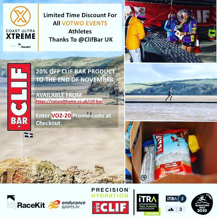 Limited time discount for all Votwo athletes thanks to @clifbar 

-

#running #ultrarunning #trailrunning #running #run #ultrarunner #runner #trailrunner #runchat #ukrunchat #coastultraxperience #multistage #newrace #marathon #ultra #ultramarathon  #