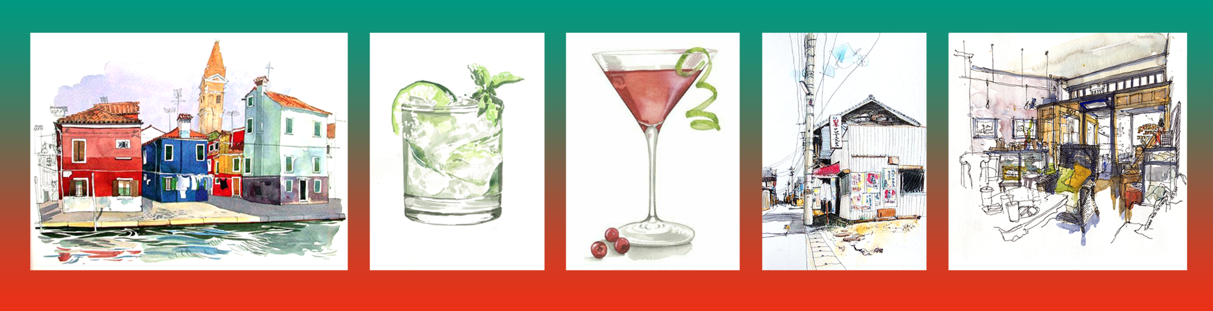 Using watercolour and ink style resonated with the process of making a cocktail, where the particular drop of a certain ingredient which can change the visual characteristics of the drink.