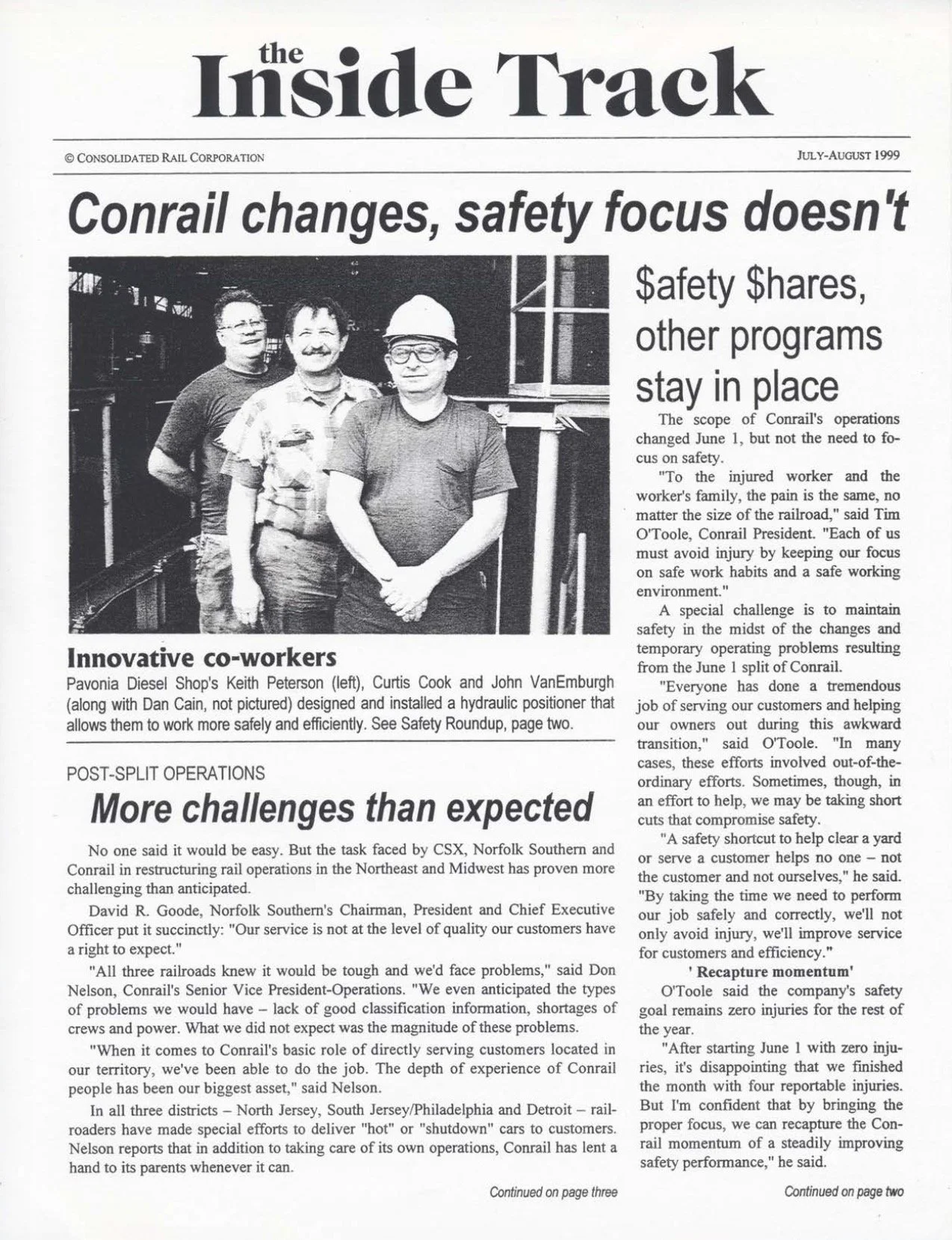 July/August 1999 - At the end of Conrail, the Inside Track was simpler, as a black-and-white newsletter focused on the much smaller terminal railroad. 