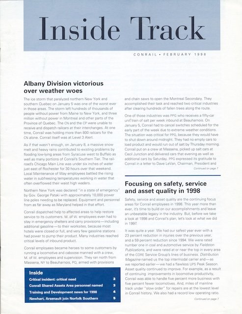 Conrail Inside Track February 1998 - Albany Division ice storm, Conrail Shared Assets personnel named, and more.