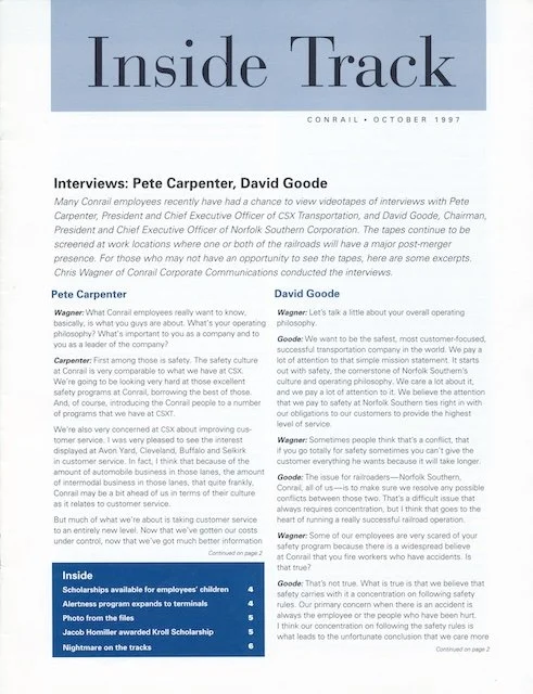 Conrail Inside Track October 1997 - CSX interview videotapes sent out, first Conrail ad from 1976 (fun fact: the engineer was a model, not an employee), and more. 