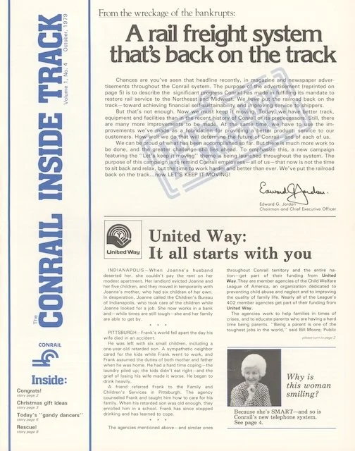 Conrail Inside Track Volume 1, No. 4, October 1979 - New Conrail ad, Conrail & United Way, new Conrail Shoppe items (glasses, mugs, neckties, etc.), Conrail puzzles, and more. 