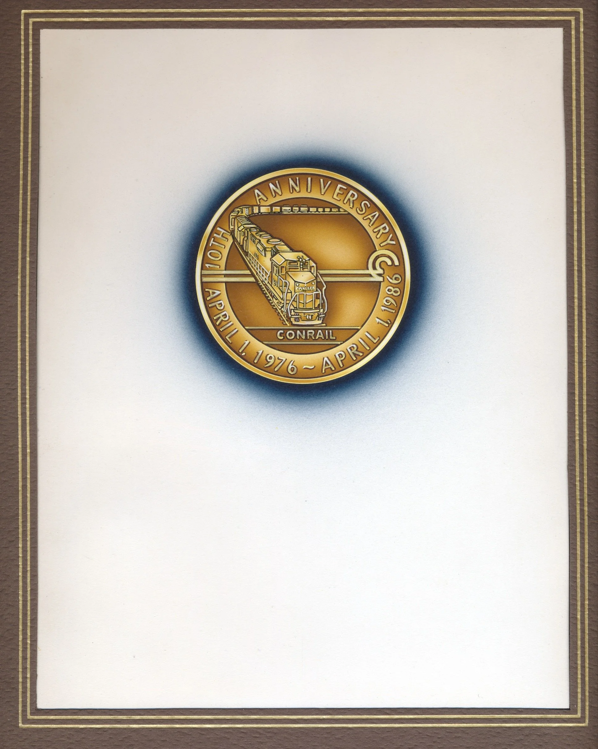 Fast forward to 1986, the 10th anniversary of Conrail. To celebrate this milestone, the railroad commissioned a logo design. The logo was printed on various materials and also transformed into a framed gold medallion. This original artwork showcases 