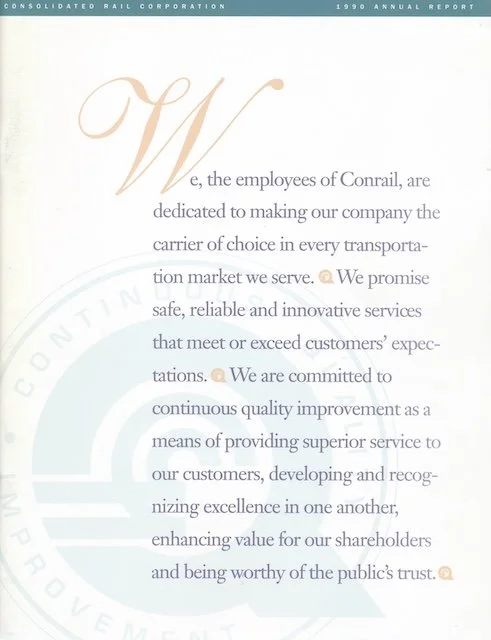 Conrail Annual Report 1990 - In sharp contrast to the visually rich annual reports of the 1980s, the 1990 Conrail Annual Report adopts a stark and minimalist design, featuring photographs exclusively of James A. Hagen and the board of directors. The 