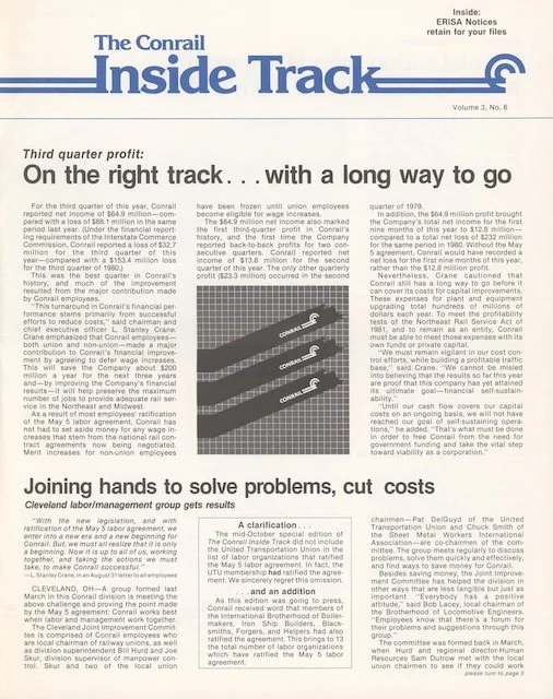 Conrail Inside Track Volume 3, No. 6, 1981 - Third Quarter profit...on the right track, Conrail begins new advertising campaign, and more. 