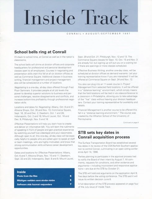 Conrail Inside Track August/September 1997 - CSX forms merger team, Inside Track includes historical photo of the Conrail Blue Room from 1979, and more. 
