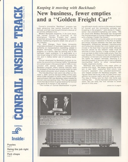 Conrail Inside Track Volume 2, No. 3, 1980 - Conrail Flexi-Flo, Conrail New England Division caboose, new 1980 ad, and more. 