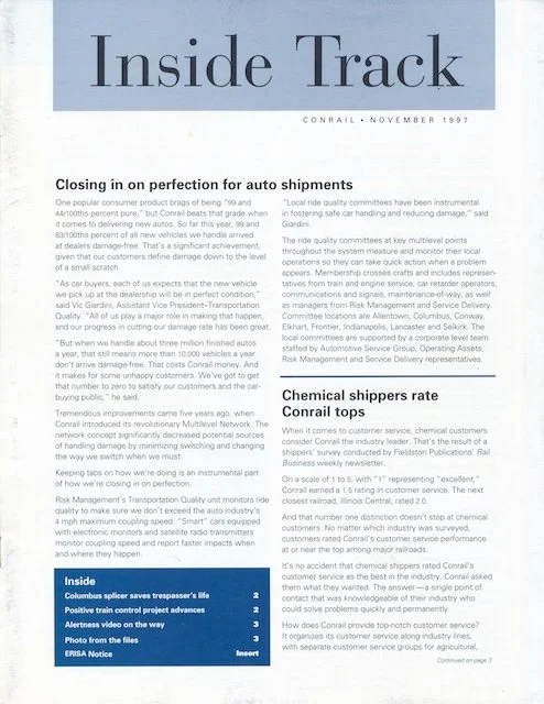 Conrail Inside Track November 1997 - Auto and chemical shipment updates, E44 under the wires, and more.