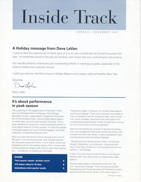 Conrail Inside Track December 1997 - A short holiday message from David LeVan, STB delays ruling, and more. 
