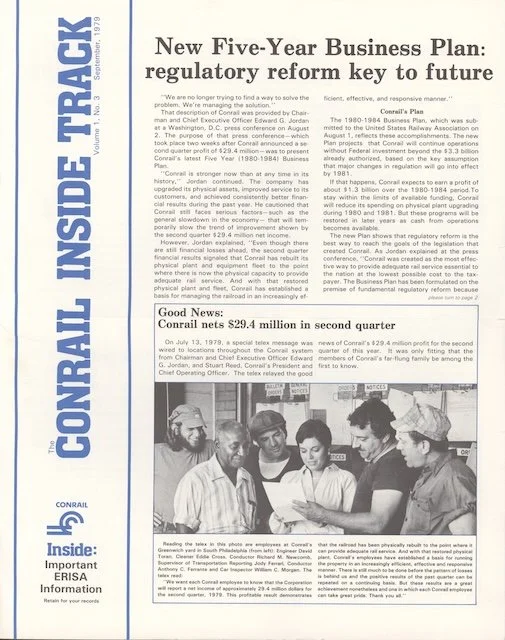 Conrail Inside Track Volume 1, No. 3, September 1979 - The Conrail Shoppe launches with its first item, a Swiss-made Conrail watch, 1980-1984 Business Plan update, and more. 