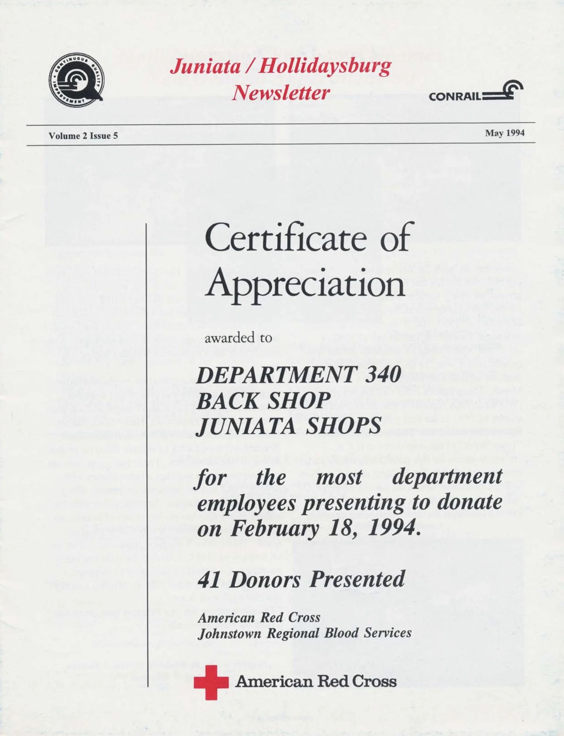 Volume 2 Issue 5, May 1994 - Blood donor day, departmental meeting, and more. 