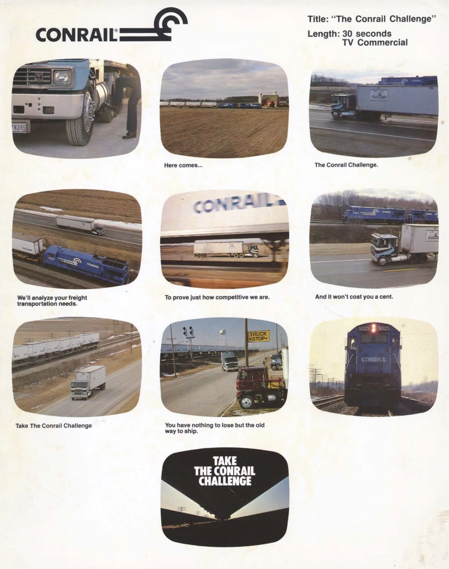 A cool Conrail advertising storyboard used to outline the 30-second Conrail Challenge TV commercial. Conrail was coming for the trucking industry! 