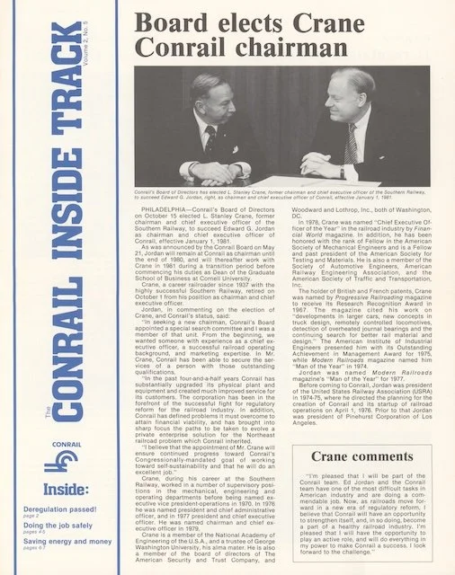 Conrail Inside Track Volume 2, No. 5, 1980 - CONRAIL BOARD ELECTS L. STANLEY CRANE, deregulation passed, a smoother ride, and more. 