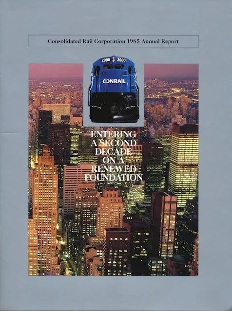 Conrail Annual Report 1985 - The 1985 Conrail Annual Report is presented in a polished, magazine-style format featuring in-depth articles on the economy, Conrail’s premium service network, intermodal transportation, the automotive industry, and coal 