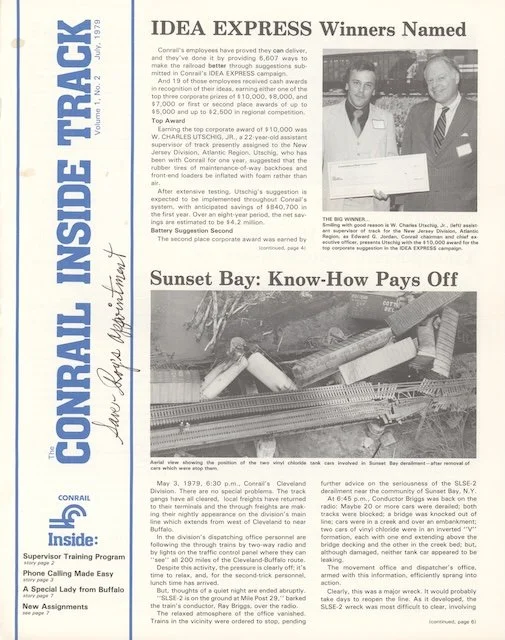 Conrail Inside Track Volume 1, No. 2, July 1979 - Conrail’s Idea Express winners, new telephone system, and more.  
