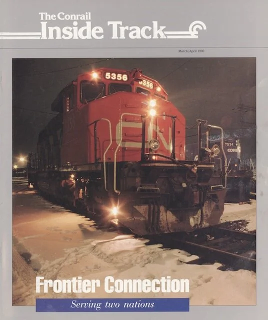 Conrail Inside Track January/February 1990 - Dangers of trespassing, Conrail in Buffalo, Conrail moving newsprint, all new Conrail Shoppe items for the 1990s, and more. 