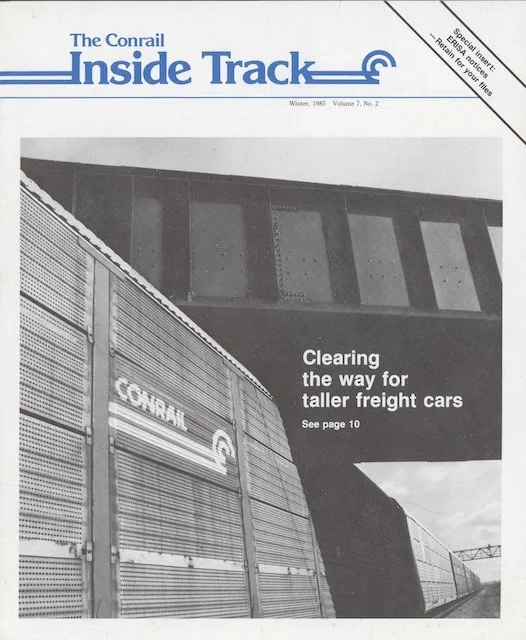 Conrail Inside Track Volume 7, No. 2, Winter 1985 - Framingham Flexi-Flo, Conrail auto racks across New York, Delmarva safety, Steel in W. VA, PRR K4 1361 moves off the horseshoe curve, and more. 