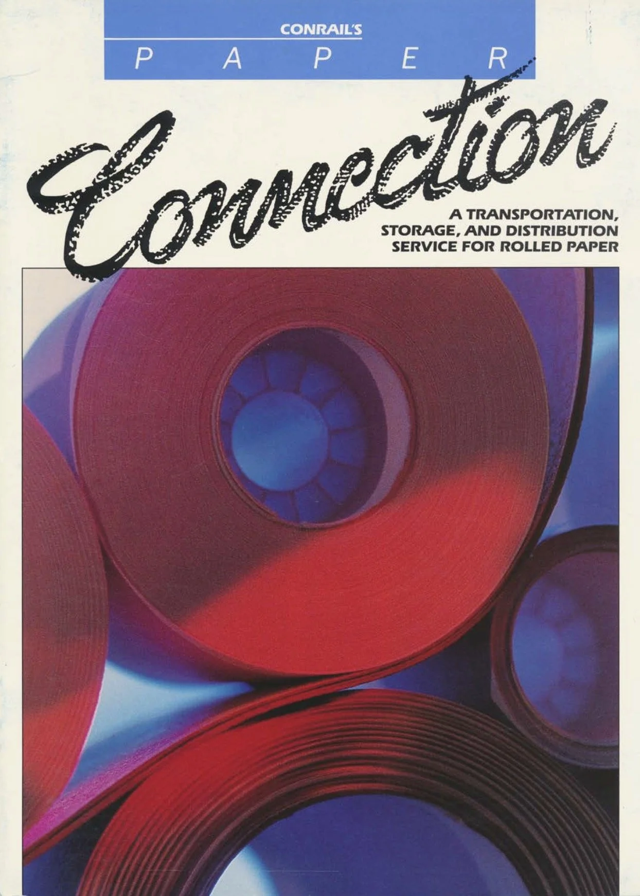 Conrail’s Paper Connection began at the paper mill and concluded at the buyer’s doorstep, where newspapers and possibly these very brochures were delivered. This brochure illustrates the paper movement process and highlights the “connection” points t