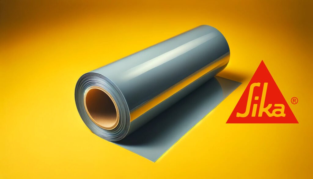 A roll of black adhesive tape on a yellow background with the red Sika logo.