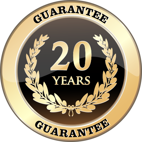 Gold and black badge with the words "Guarantee 20 Years" surrounded by laurel leaves.
