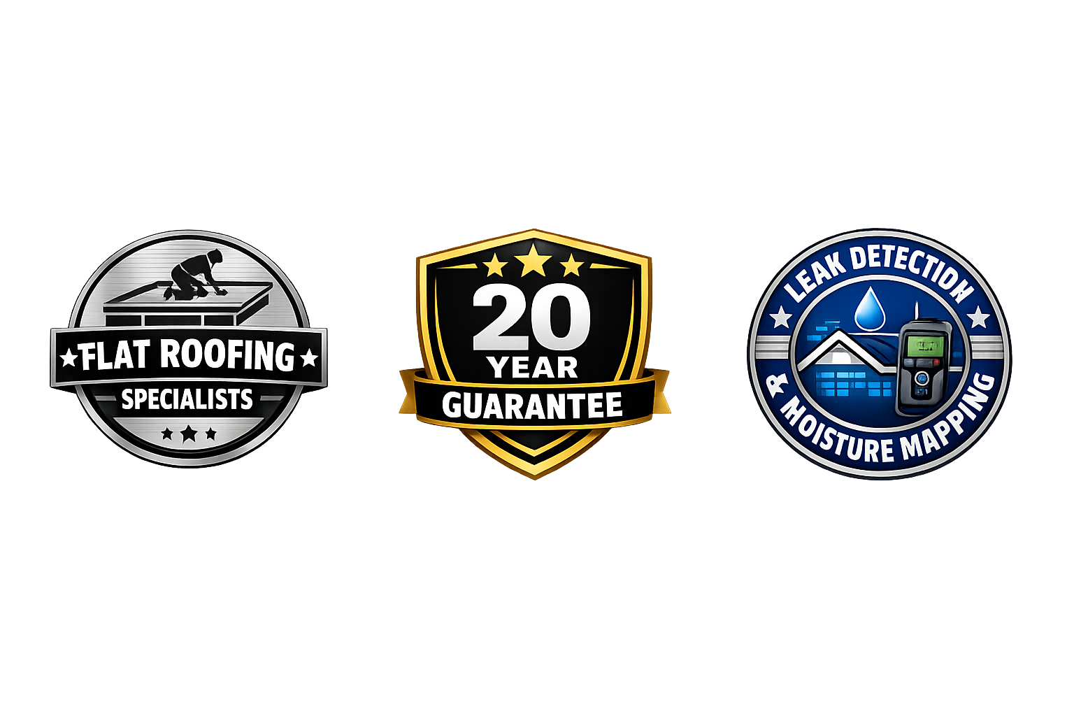 Three badges indicating services and guarantees: a flat roofing specialist badge, a 20-year guarantee badge, and a leak detection and moisture mapping badge.