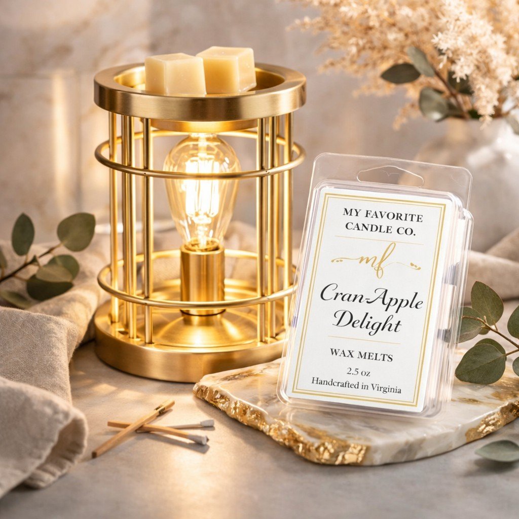 A gold candle holder with candles and a light bulb inside, surrounded by eucalyptus leaves, with a package of Cran-Apple Delight scented wax melts in clear plastic container on a marble slab, in a cozy setting.