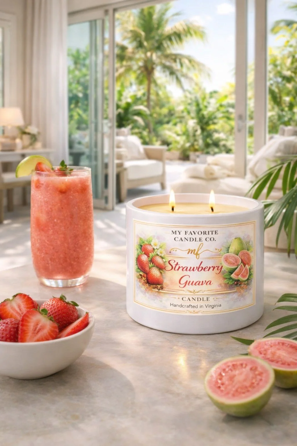 A lit strawberry guava scented candle, a tall glass of strawberry guava smoothie, and fresh strawberries and halved strawberries on a marble table with an outdoor patio and green tropical foliage in the background.