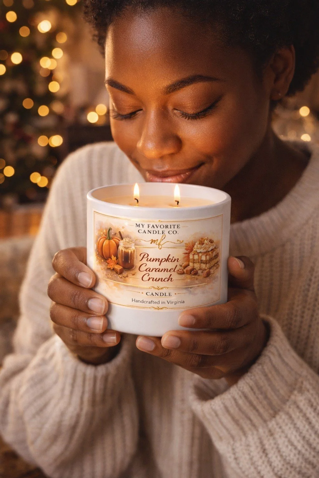 A woman holding a lit candle with a festive label, smiling softly, with blurred holiday lights in the background.