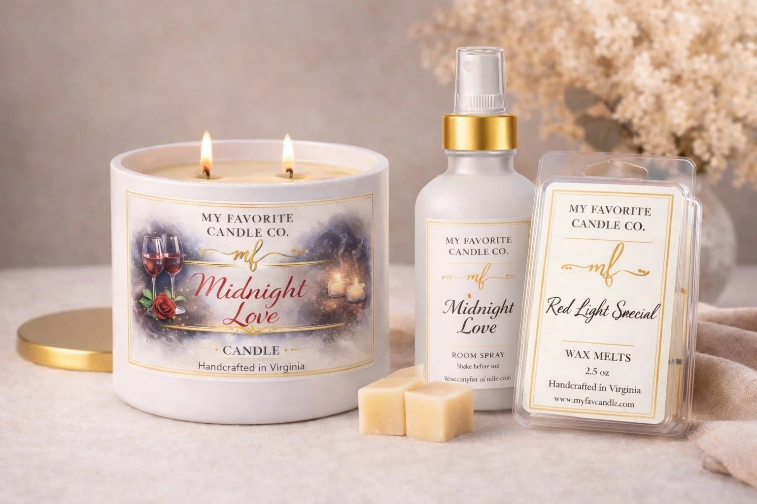 A collection of candle products, including a large scented candle labeled Midnight Love, a room spray, and wax melts, all from My Favorite Candle Co., displayed on a soft surface with a blurred background.