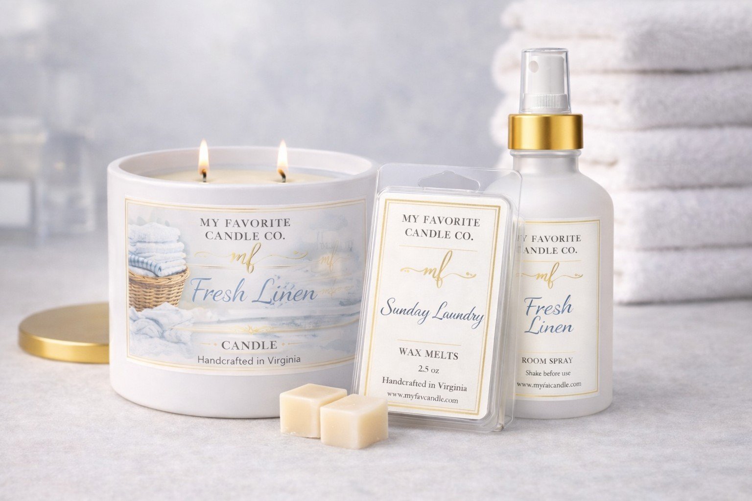 A collection of linen-scented home fragrance products including a large candle labeled 'Fresh Linen,' a room spray, and wax melts, all from 'My Favorite Candle Co.'