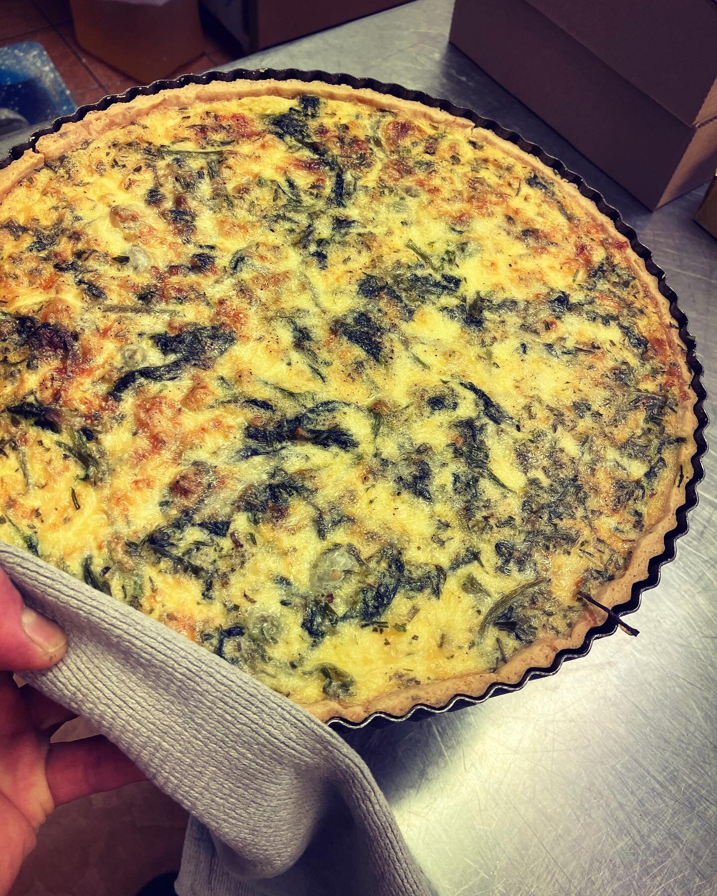 First of the Coronation Quiches coming out of the oven.  Spinach, Broad Bean, Cheddar &amp; Tarragon.  On the menu for next week.