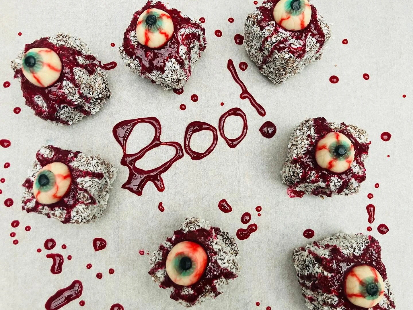 Happy Halloween Folks 👻👻👻 here&rsquo;s our SE lammingtons for a fright.  House raspberry jam on the interior and cherry blood goo dripping down the sides amplify the berry-ness of it all.