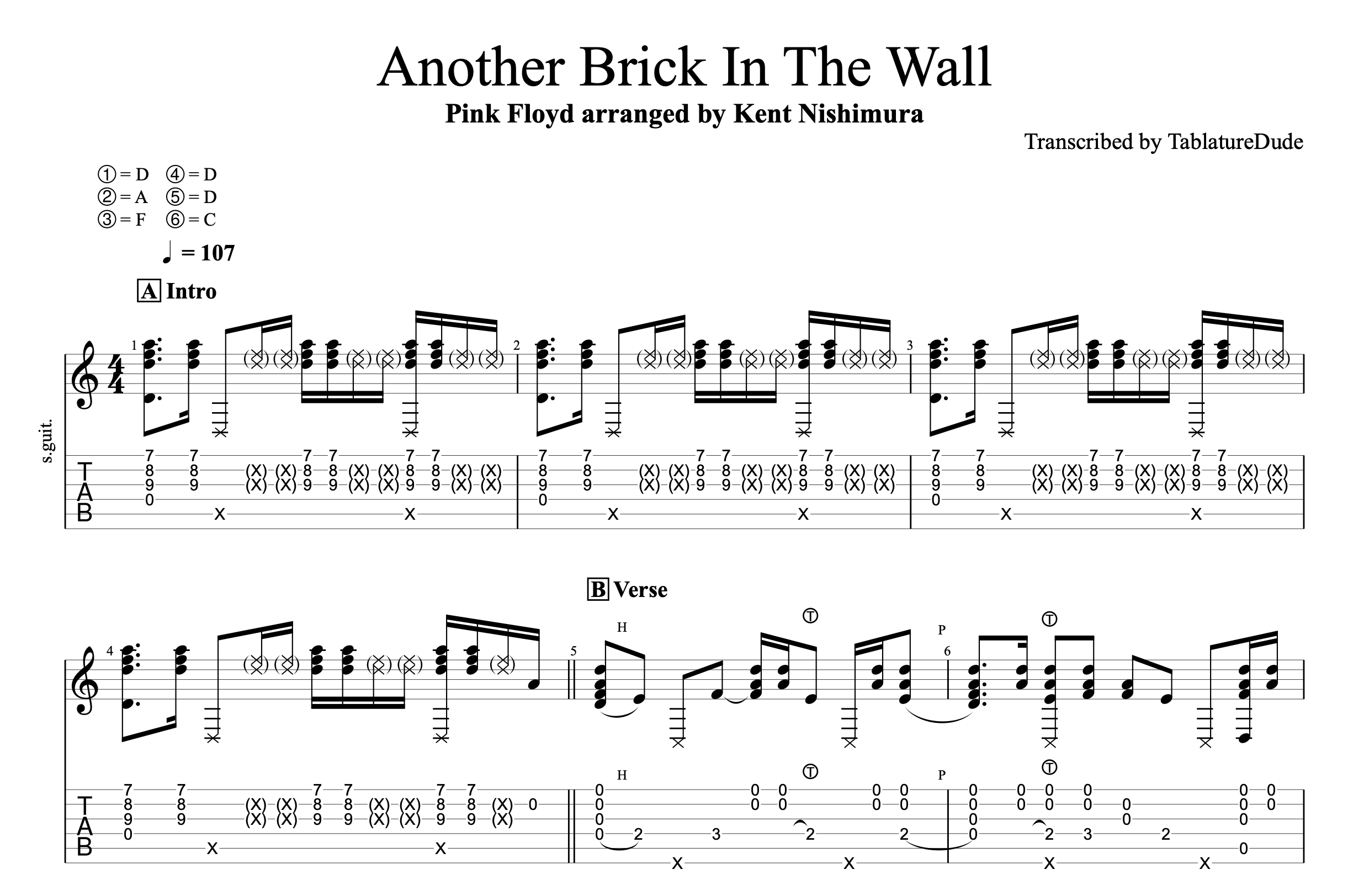 Another Brick In The Wall Kent Nishimura Guitar Tablature Tablature Dude Guitar Transcriptions