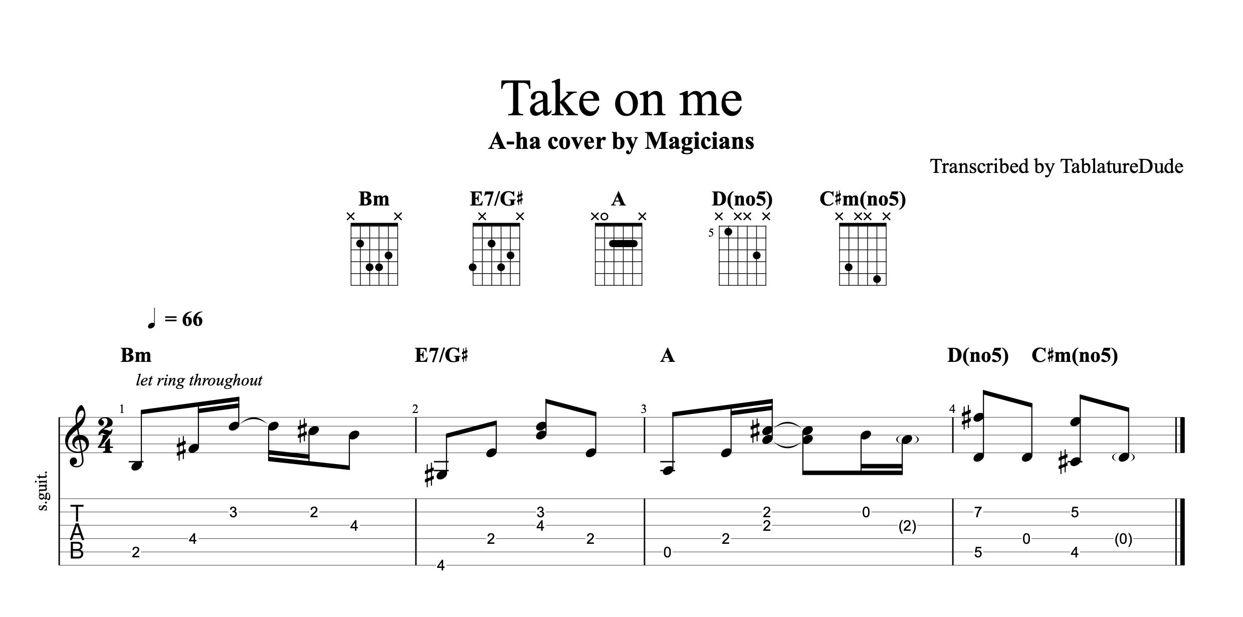 Take On Me Acoustic Cover Tablature Tablature Dude Guitar Transcriptions