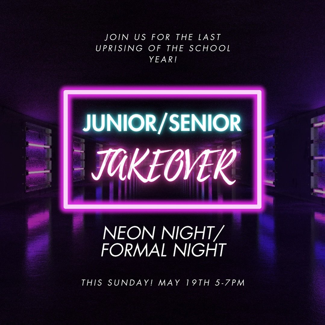ITS TIME🪩🪩🪩

Join us THIS SUNDAY for the LAST UPRISING OF THE SCHOOL YEAR!!! Come experience what our juniors and seniors have put together to end the year!

Theme:
NEON NIGHT AND FORMAL NIGHT
wear your neon attire&hellip; or your prom dress! comp
