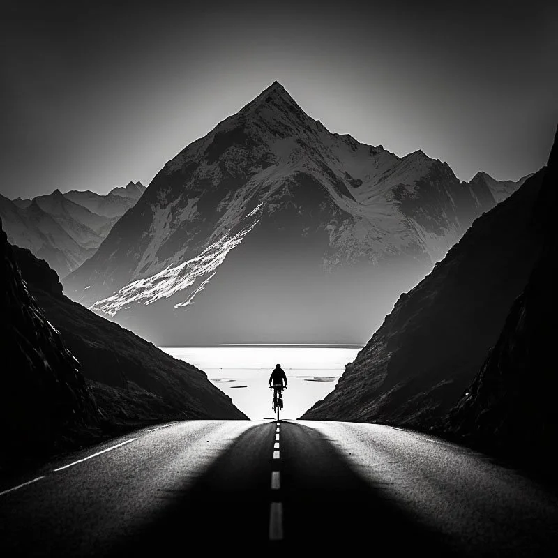 street photograph style Thomas Leuthard race bike mountain road silhouette swiss Alps black and white 95_ negative space vignette minimalistic .jpg
