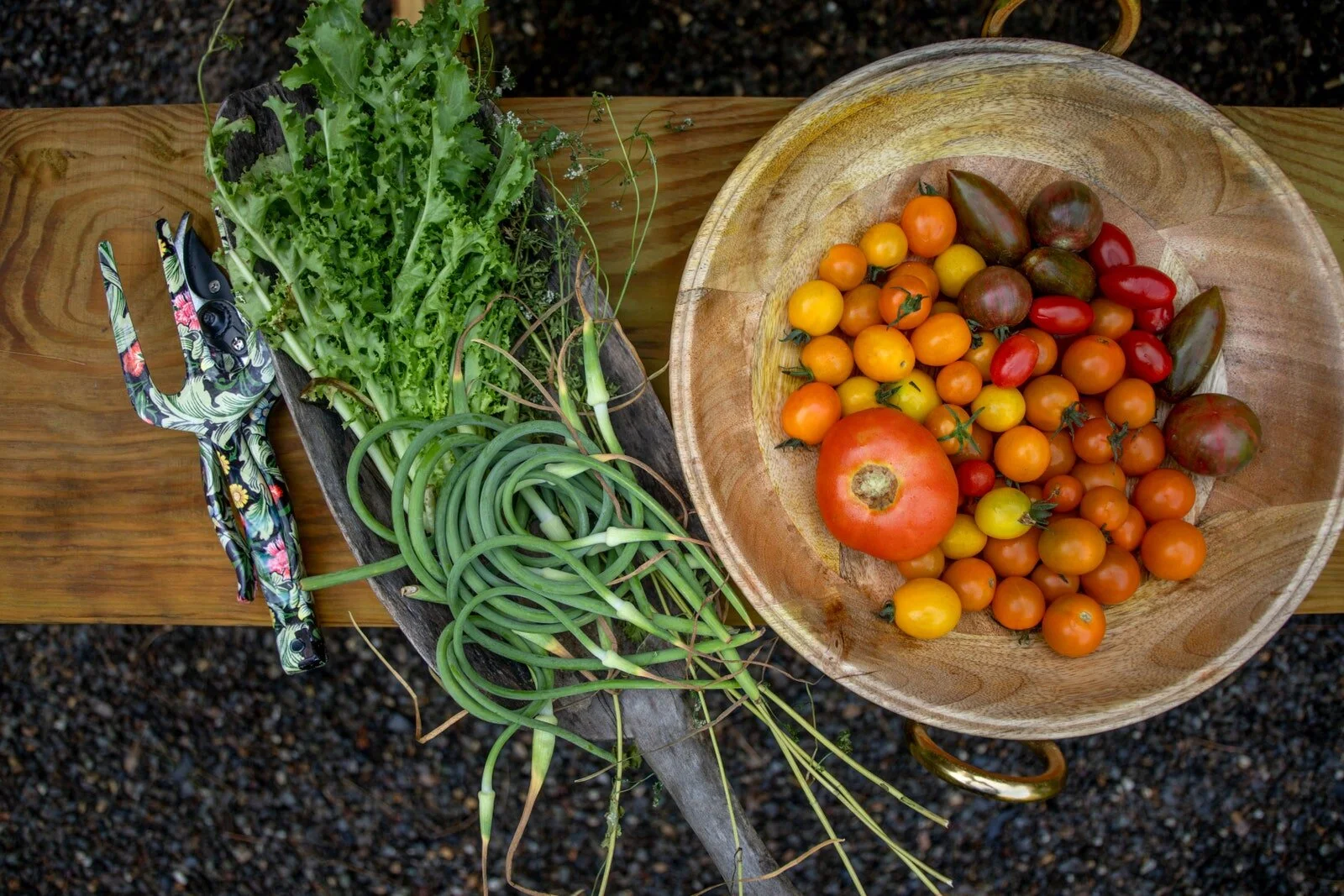 A collection of freshly harvested vegetables and tomatoes on a wooden surface, including leafy greens, green onions, and a variety of colorful cherry tomatoes in a wooden bowl.