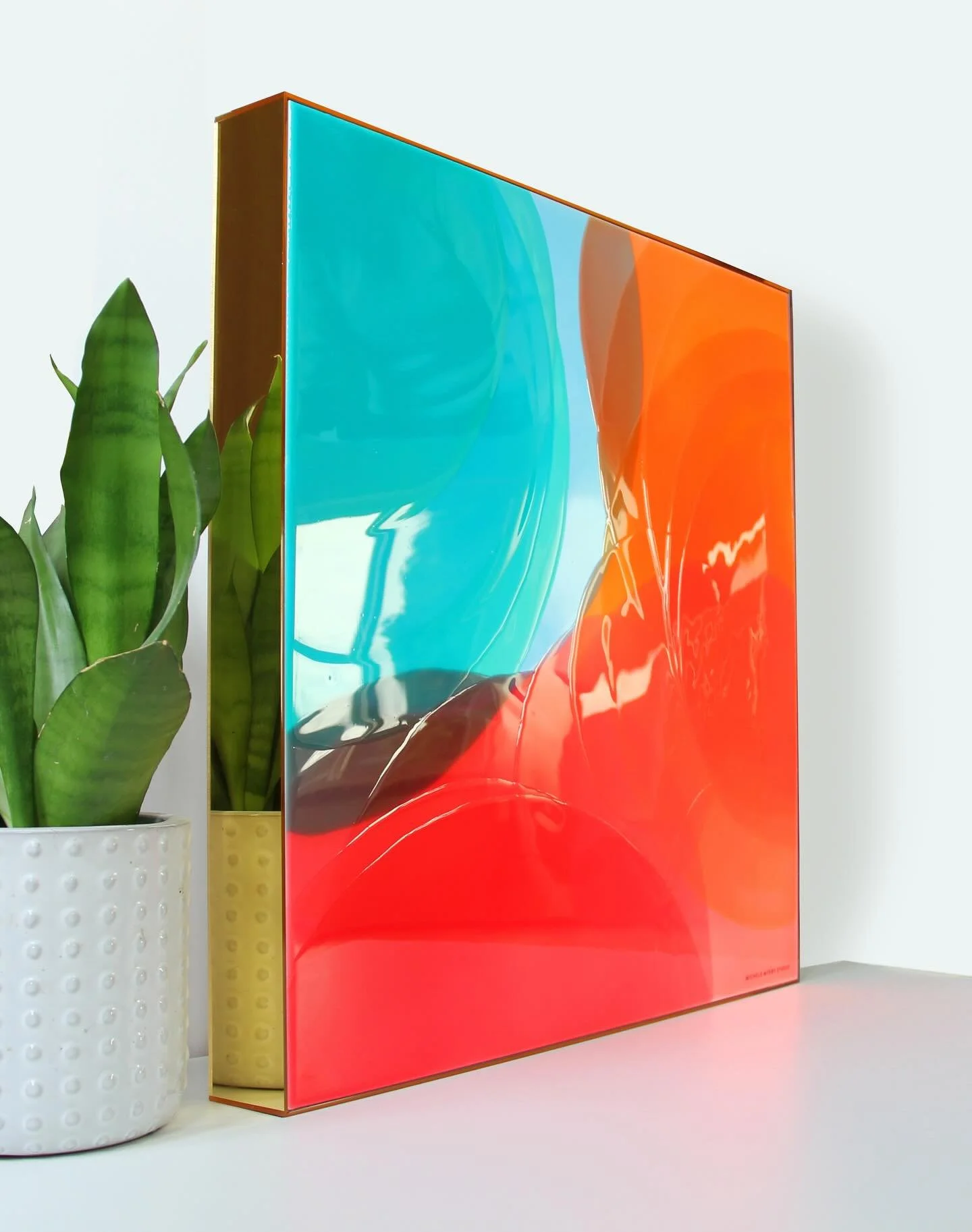 24&rdquo; x 24&rdquo; Weekend in Palm Springs. Candy colors so sweet and glossy that you could almost eat this one. Inside a 2.5&rdquo; deep gold mirror frame.