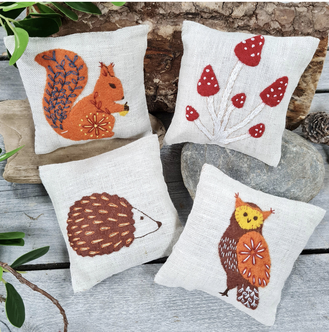 Linen Lavender Bags Embroidery Kit - Woodland