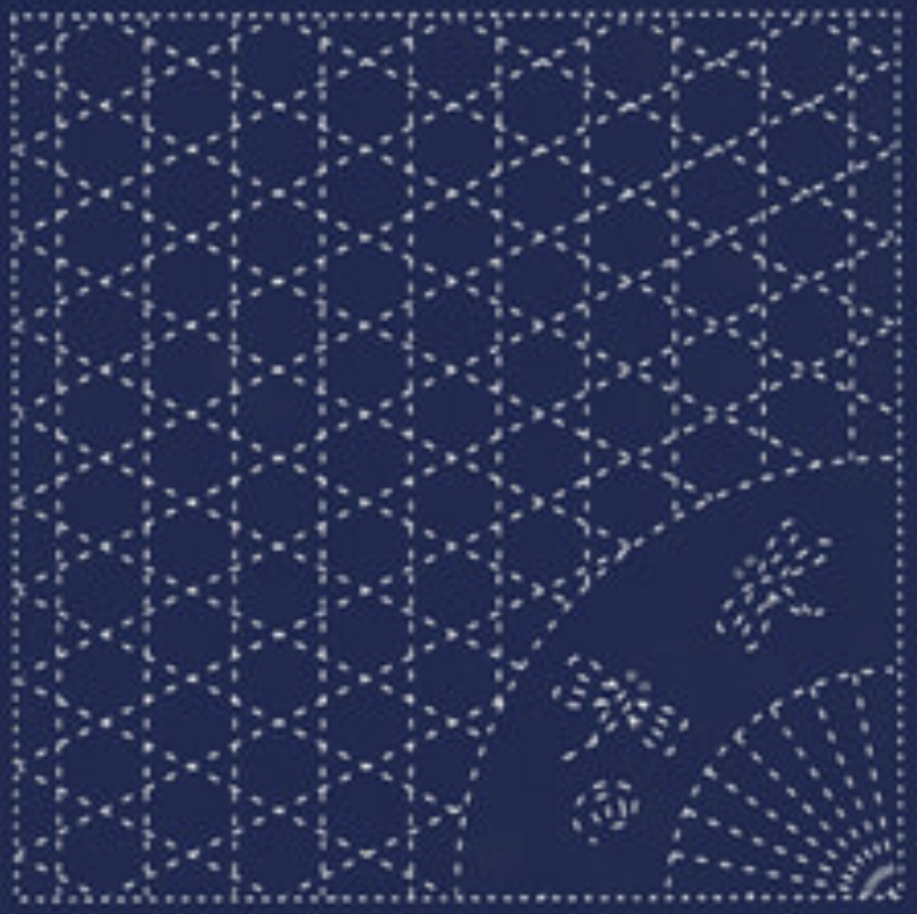 Daruma Sashiko Sampler - Dragonfly Fan on Indigo Fabric