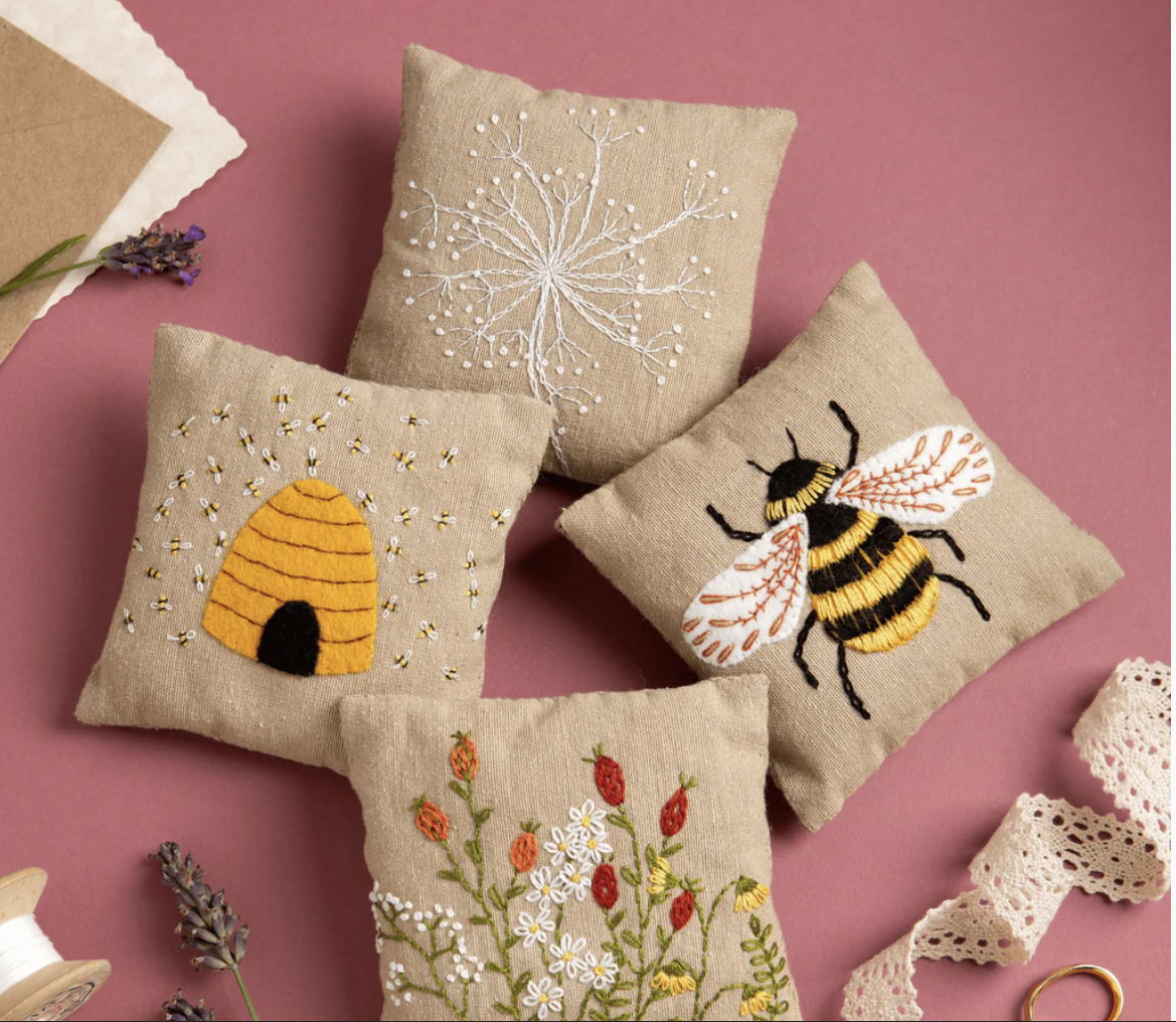 Linen Lavender Bags Embroidery Kit Bees