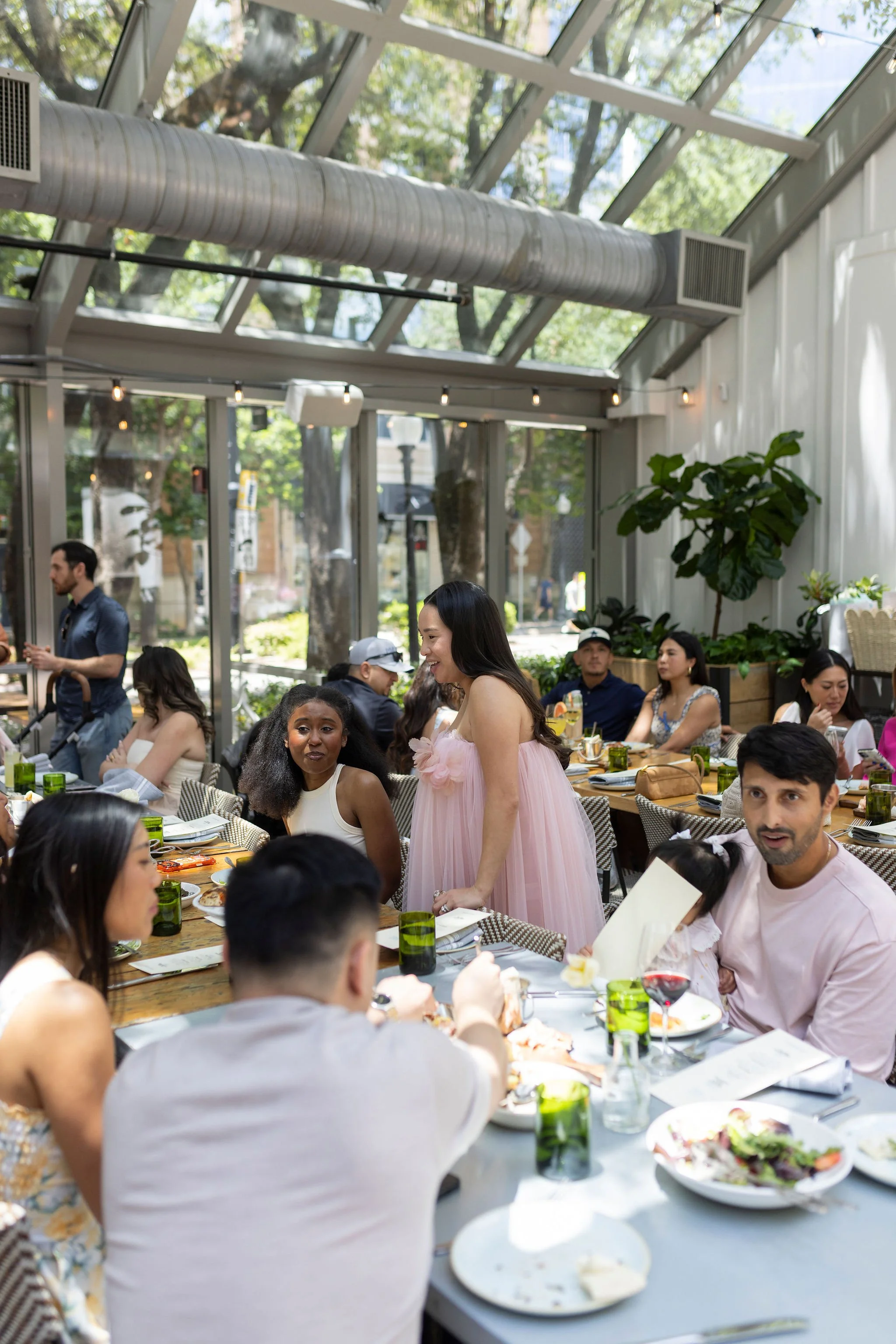 People gathered around a long dining table inside a sunlit glass-walled restaurant with greenery outside. A woman in a pink dress is standing and smiling, engaging with others. The table is set with plates of food, glasses, and green bottled drinks. 
